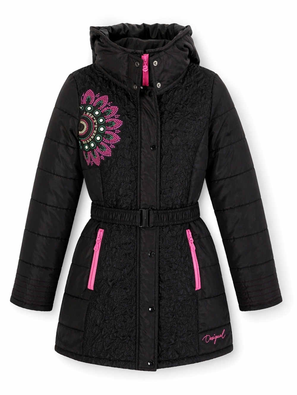 Desigual Girls Puffer Coat Black Floral Embroidered Hooded Jacket Size 11/12